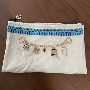 Tory Burch White Pouch with Blue Accent and Gold Charm Chain